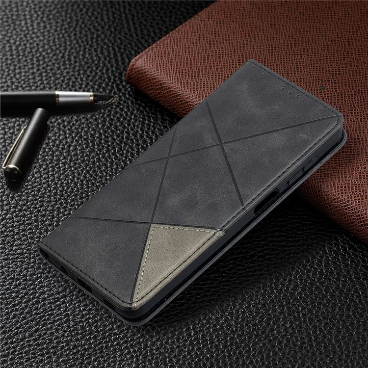 For Samsung Galaxy A12 Geometric Pattern Leather Stand Case Card Holder Shell - Black