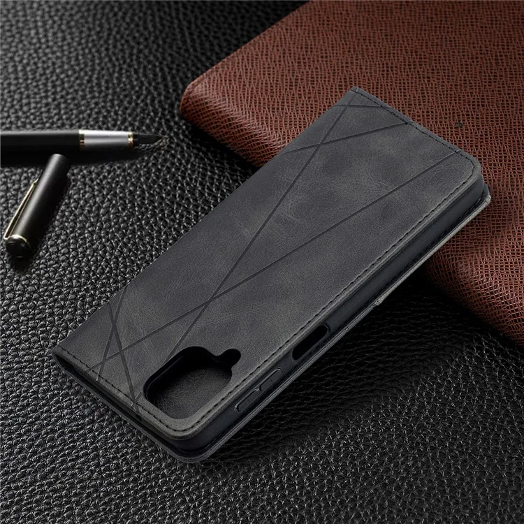 For Samsung Galaxy A12 Geometric Pattern Leather Stand Case Card Holder Shell - Black