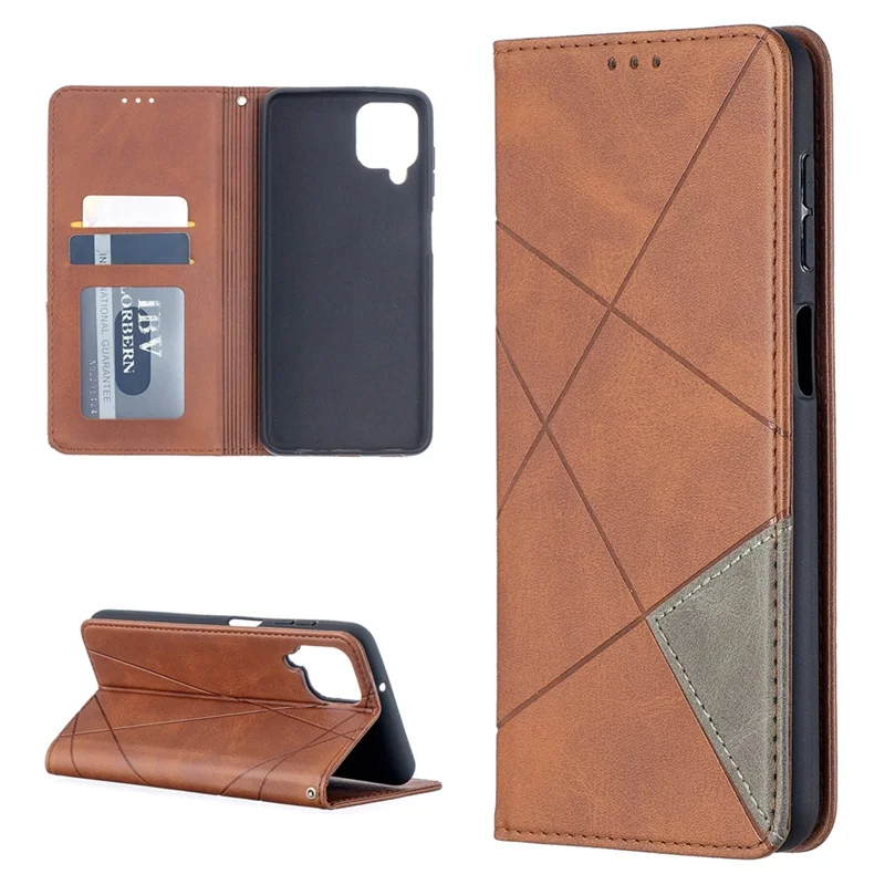 For Samsung Galaxy A12 Geometric Pattern Leather Stand Case Card Holder Shell - Brown