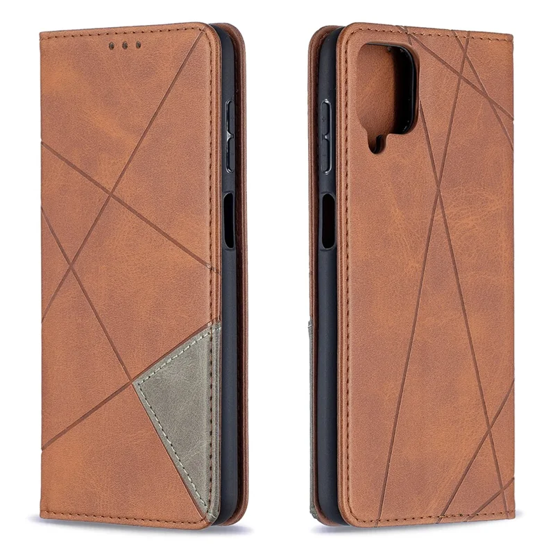 For Samsung Galaxy A12 Geometric Pattern Leather Stand Case Card Holder Shell - Brown