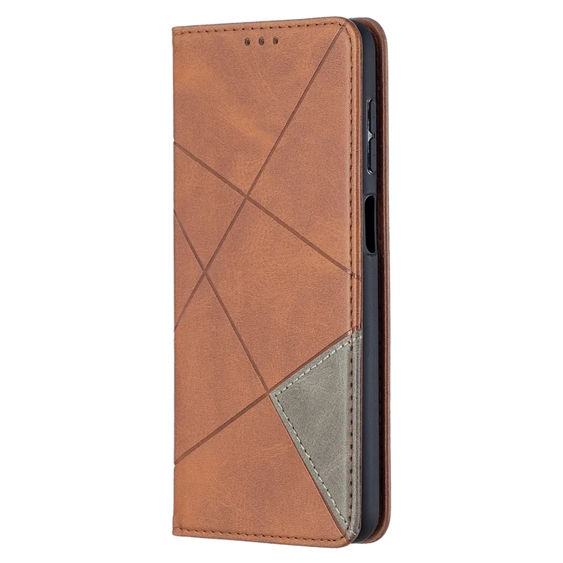 For Samsung Galaxy A12 Geometric Pattern Leather Stand Case Card Holder Shell - Brown