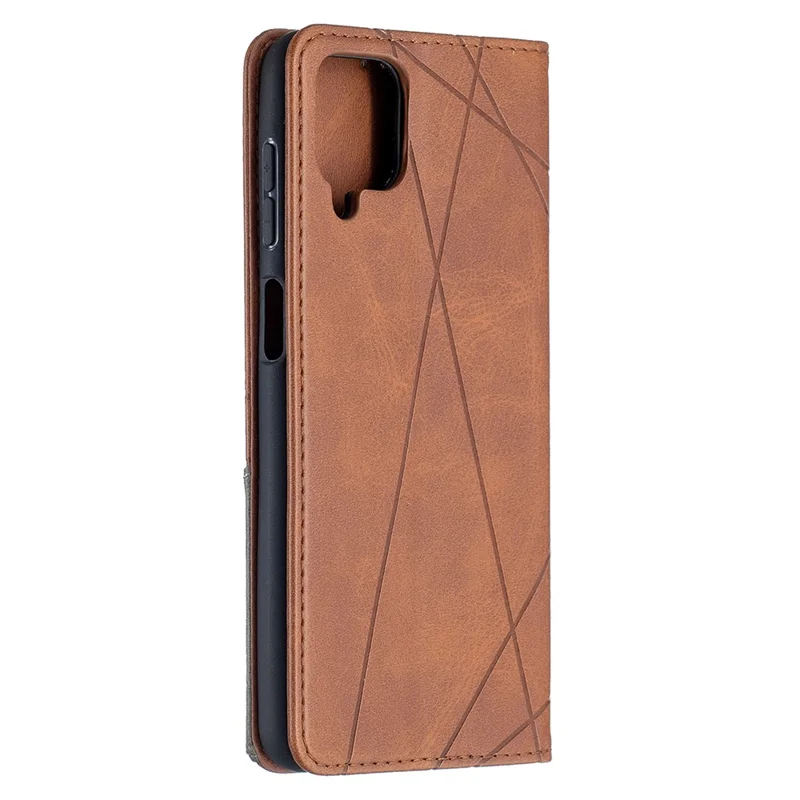 For Samsung Galaxy A12 Geometric Pattern Leather Stand Case Card Holder Shell - Brown