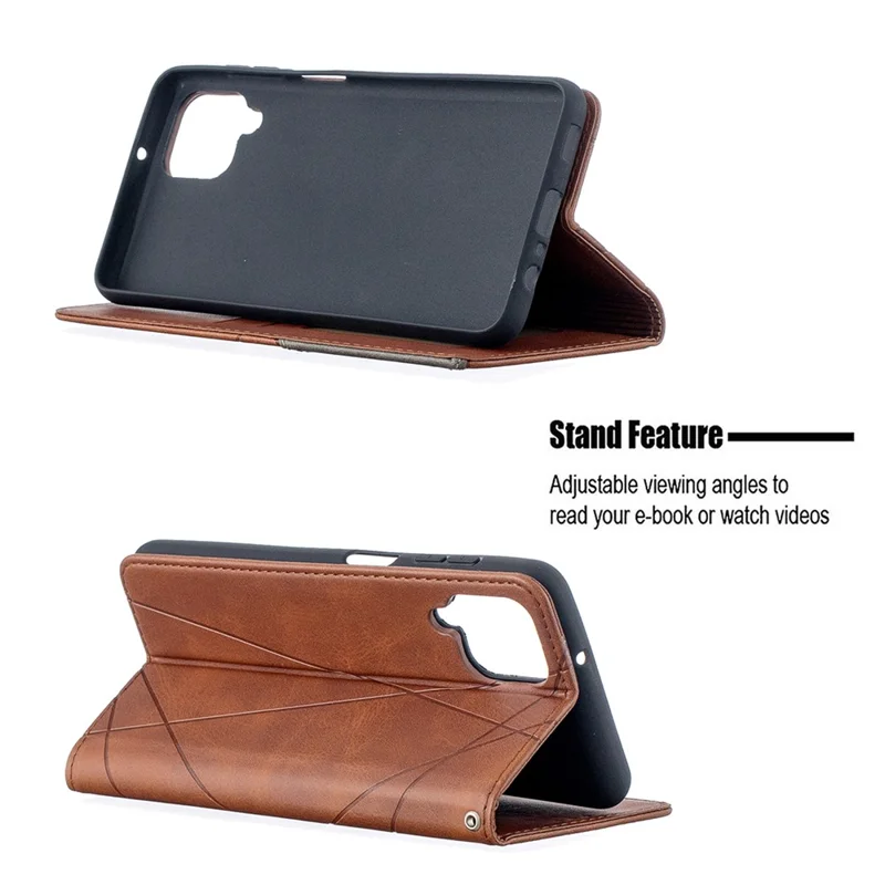 For Samsung Galaxy A12 Geometric Pattern Leather Stand Case Card Holder Shell - Brown