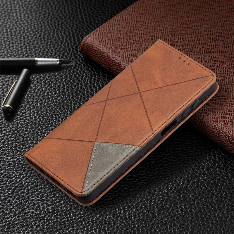 For Samsung Galaxy A12 Geometric Pattern Leather Stand Case Card Holder Shell - Brown