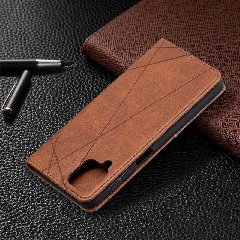 For Samsung Galaxy A12 Geometric Pattern Leather Stand Case Card Holder Shell - Brown