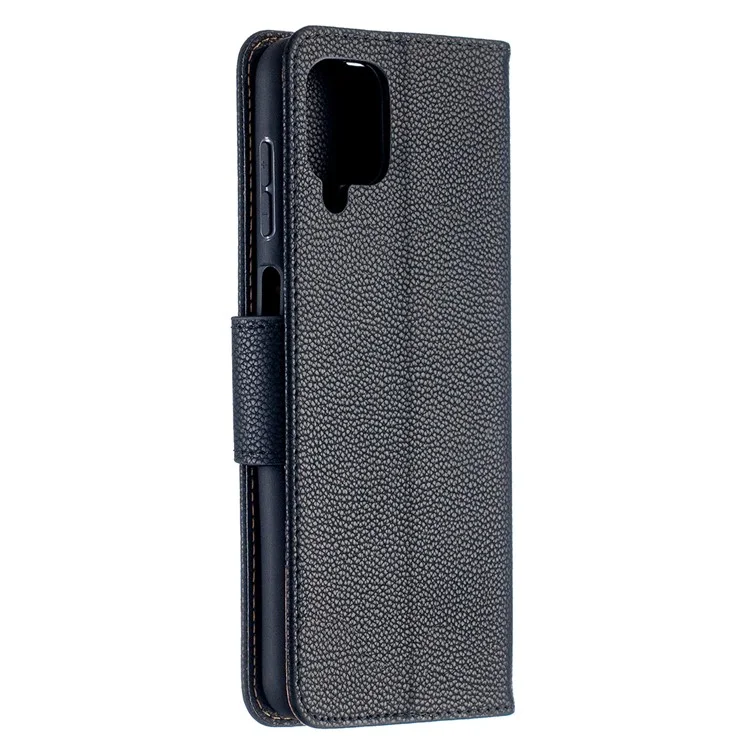 Litchi Skin Wallet Pure Color Phone Case for Samsung Galaxy A12 - Black