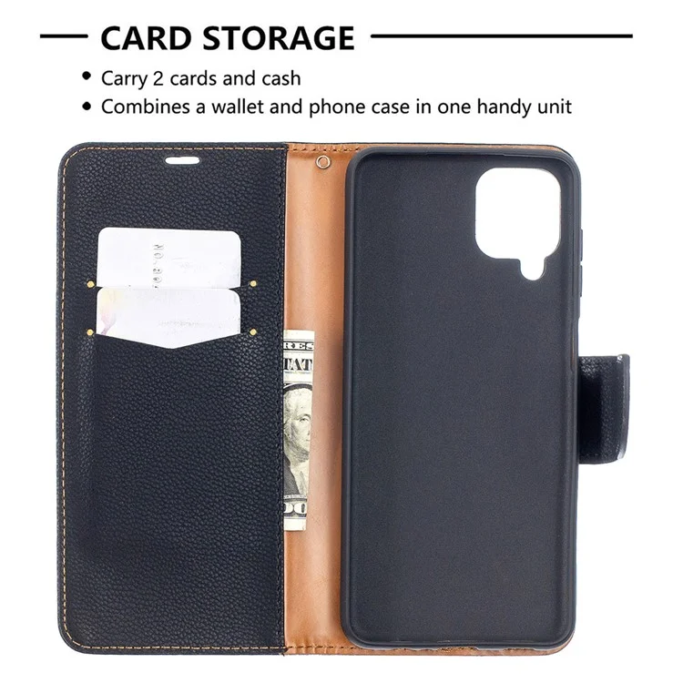 Litchi Skin Wallet Pure Color Phone Case for Samsung Galaxy A12 - Black