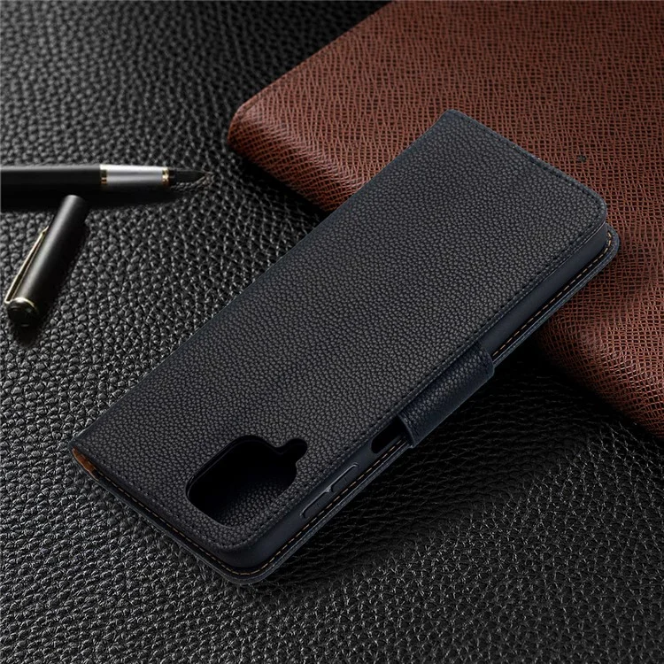 Litchi Skin Wallet Pure Color Phone Case for Samsung Galaxy A12 - Black