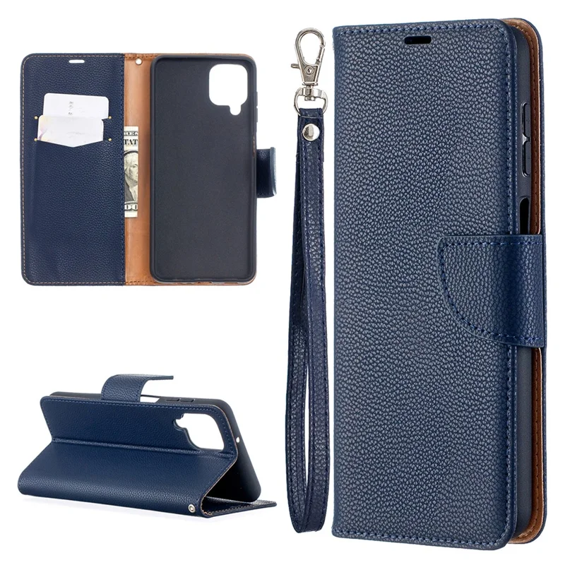 Litchi Skin Wallet Pure Color Phone Case for Samsung Galaxy A12 - Blue