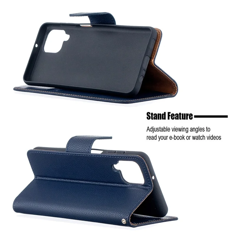 Litchi Skin Wallet Pure Color Phone Case for Samsung Galaxy A12 - Blue