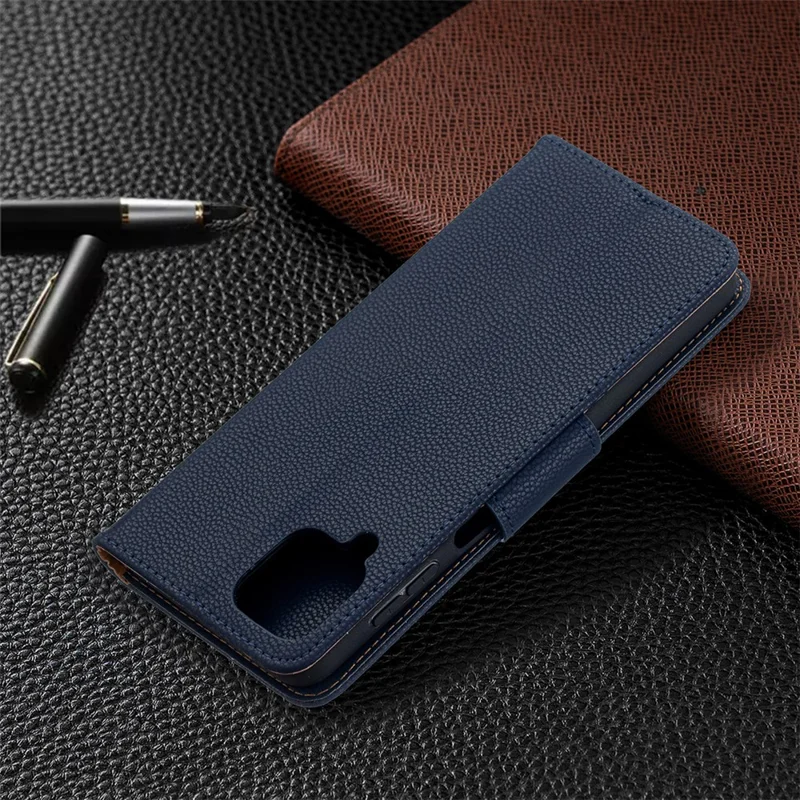 Litchi Skin Wallet Pure Color Phone Case for Samsung Galaxy A12 - Blue