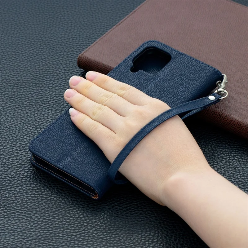 Litchi Skin Wallet Pure Color Phone Case for Samsung Galaxy A12 - Blue