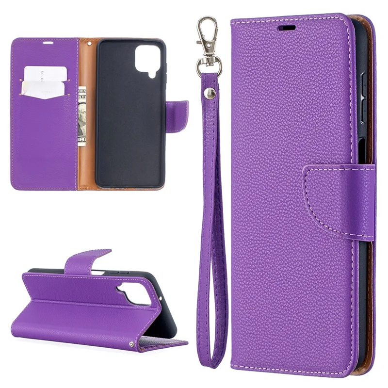Litchi Skin Wallet Pure Color Phone Case for Samsung Galaxy A12 - Purple
