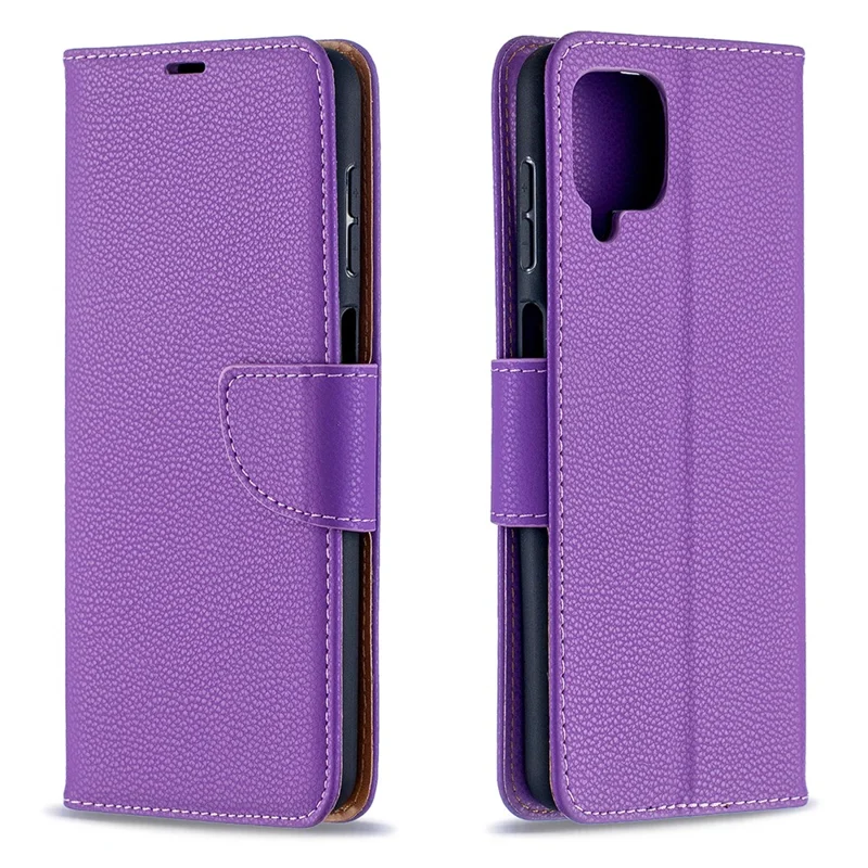 Litchi Skin Wallet Pure Color Phone Case for Samsung Galaxy A12 - Purple