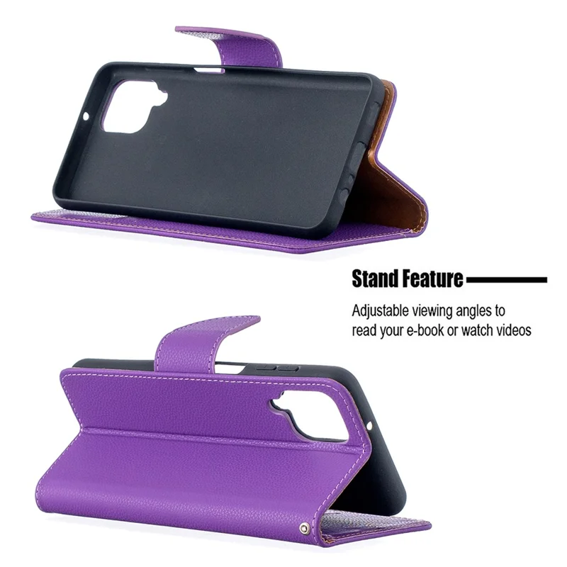 Litchi Skin Wallet Pure Color Phone Case for Samsung Galaxy A12 - Purple