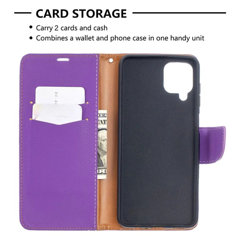 Litchi Skin Wallet Pure Color Phone Case for Samsung Galaxy A12 - Purple