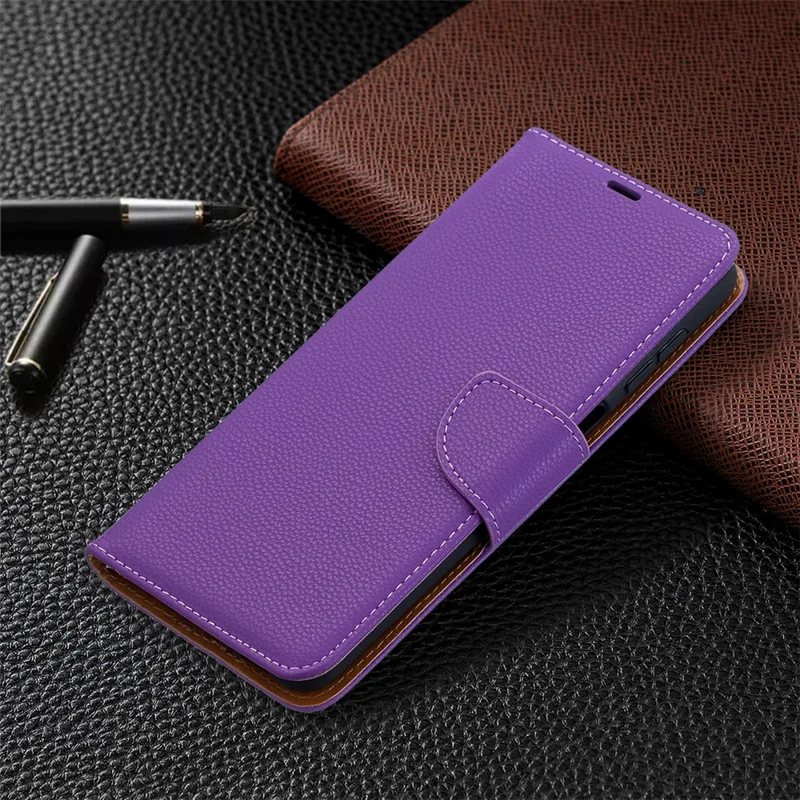 Litchi Skin Wallet Pure Color Phone Case for Samsung Galaxy A12 - Purple