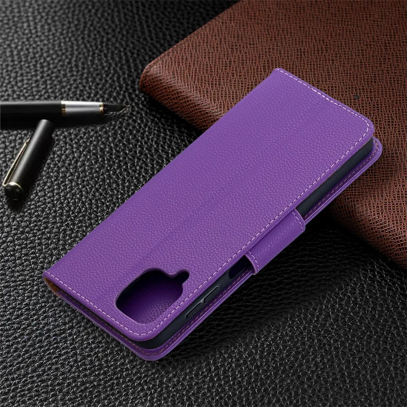 Litchi Skin Wallet Pure Color Phone Case for Samsung Galaxy A12 - Purple