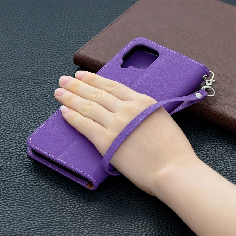 Litchi Skin Wallet Pure Color Phone Case for Samsung Galaxy A12 - Purple