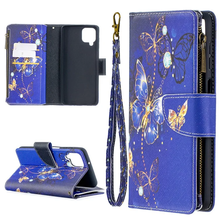 BF03 Pattern Printing Zipper Wallet Leather Phone Cover for Samsung Galaxy A12 - Gold Butterfly