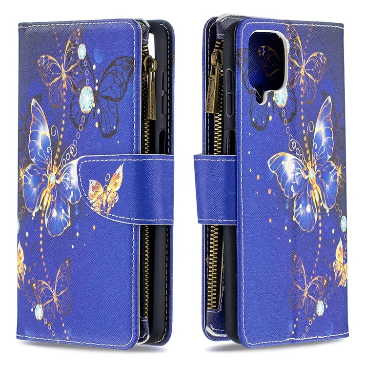 BF03 Pattern Printing Zipper Wallet Leather Phone Cover for Samsung Galaxy A12 - Gold Butterfly