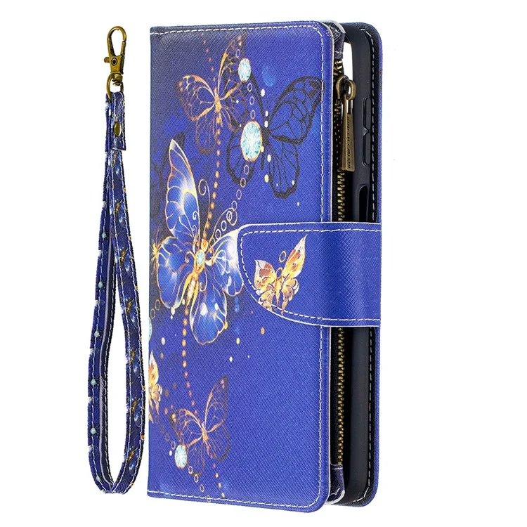 BF03 Pattern Printing Zipper Wallet Leather Phone Cover for Samsung Galaxy A12 - Gold Butterfly