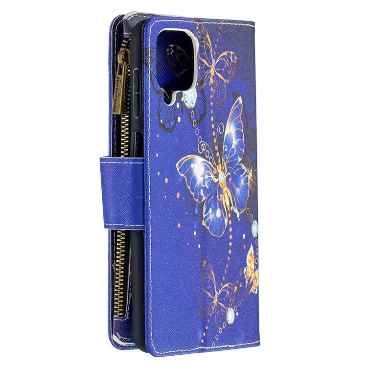 BF03 Pattern Printing Zipper Wallet Leather Phone Cover for Samsung Galaxy A12 - Gold Butterfly