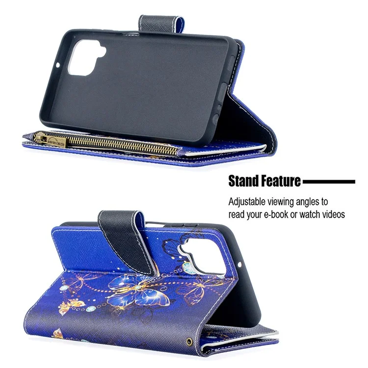 BF03 Pattern Printing Zipper Wallet Leather Phone Cover for Samsung Galaxy A12 - Gold Butterfly