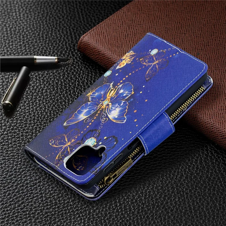 BF03 Pattern Printing Zipper Wallet Leather Phone Cover for Samsung Galaxy A12 - Gold Butterfly