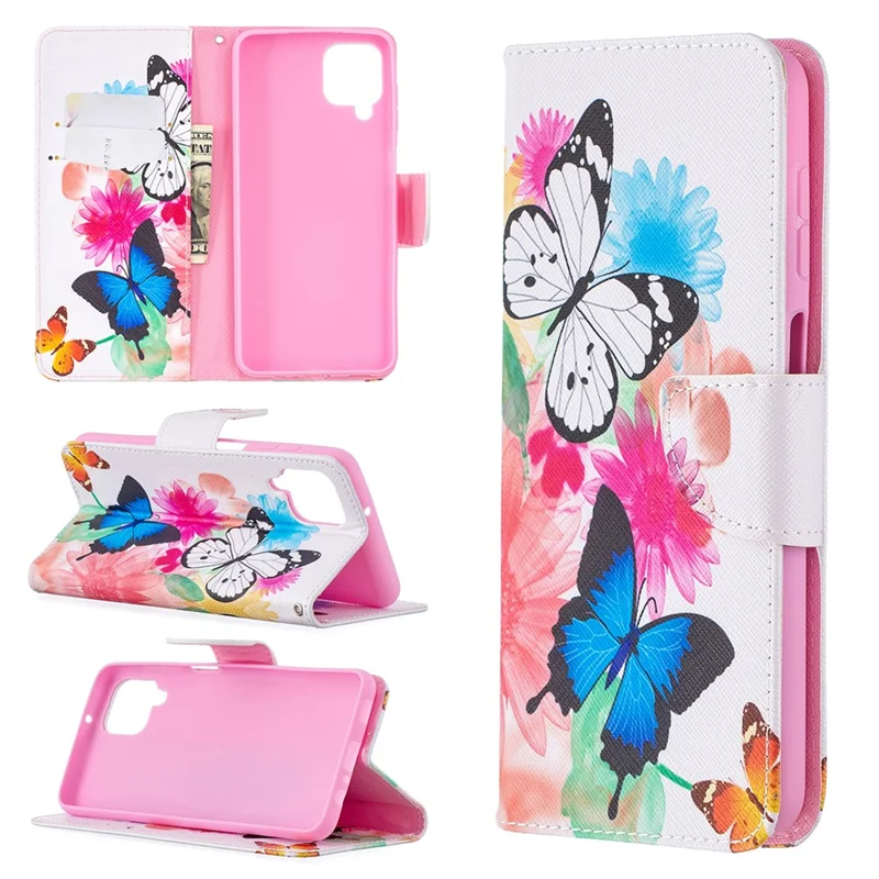 Pattern Printing Magnetic Leather Stand Case for Samsung Galaxy A12 - Two Butterflies