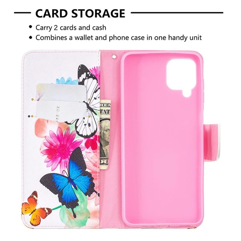 Pattern Printing Magnetic Leather Stand Case for Samsung Galaxy A12 - Two Butterflies