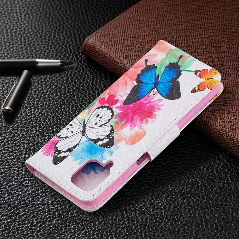 Pattern Printing Magnetic Leather Stand Case for Samsung Galaxy A12 - Two Butterflies