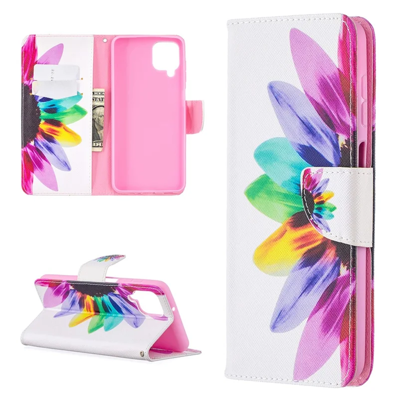 Pattern Printing Magnetic Leather Stand Case for Samsung Galaxy A12 - Sunflower