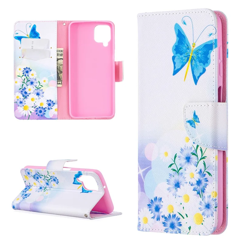 Pattern Printing Magnetic Leather Stand Case for Samsung Galaxy A12 - Butterfly and Flower