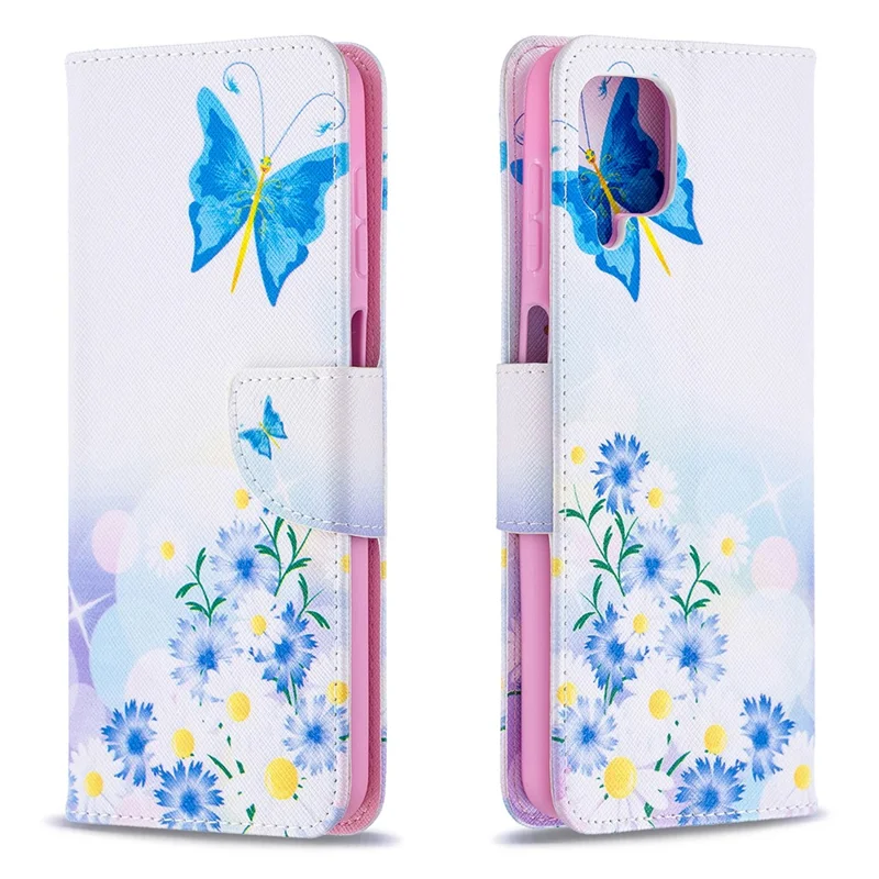 Pattern Printing Magnetic Leather Stand Case for Samsung Galaxy A12 - Butterfly and Flower
