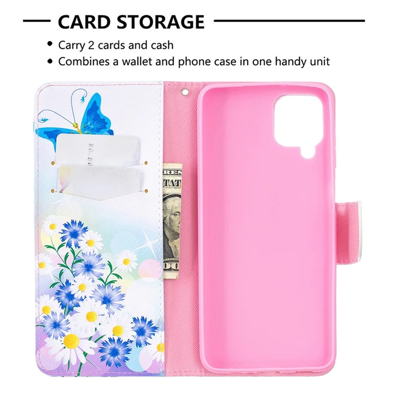 Pattern Printing Magnetic Leather Stand Case for Samsung Galaxy A12 - Butterfly and Flower