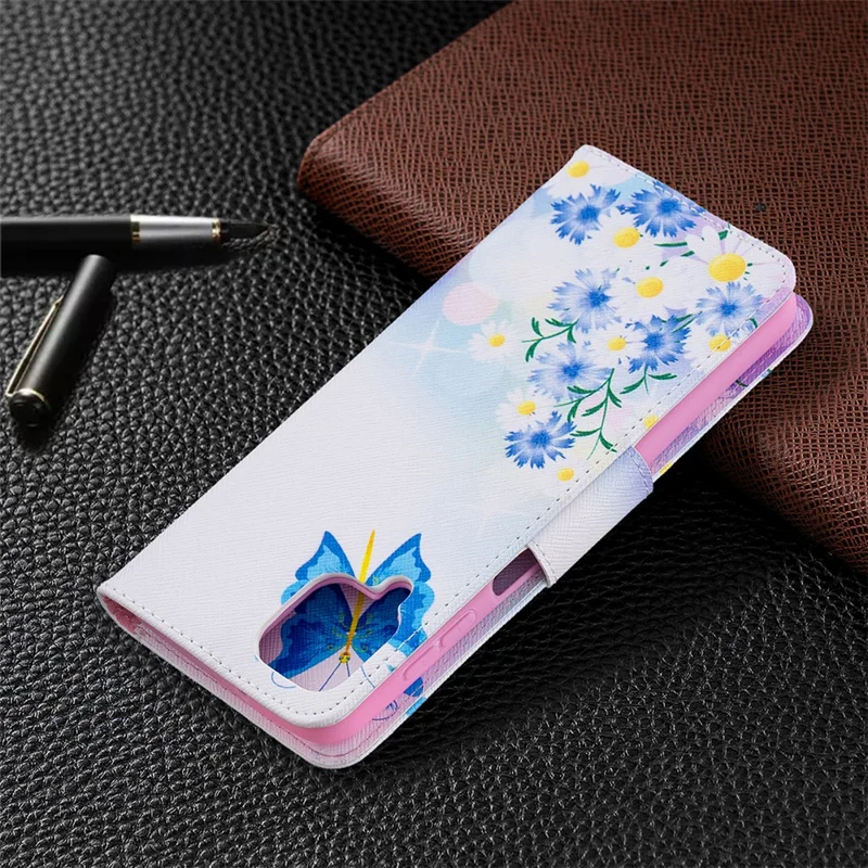Pattern Printing Magnetic Leather Stand Case for Samsung Galaxy A12 - Butterfly and Flower