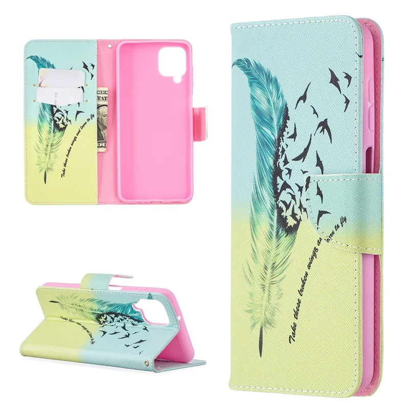 Pattern Printing Magnetic Leather Stand Case for Samsung Galaxy A12 - Feather and Bird