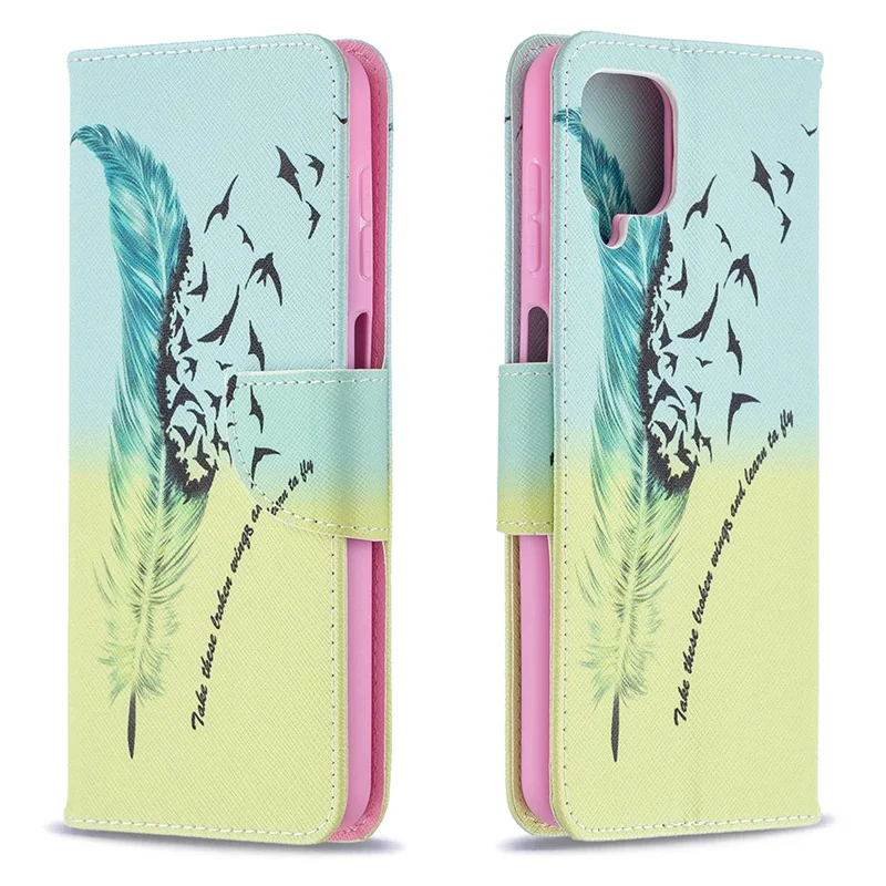 Pattern Printing Magnetic Leather Stand Case for Samsung Galaxy A12 - Feather and Bird