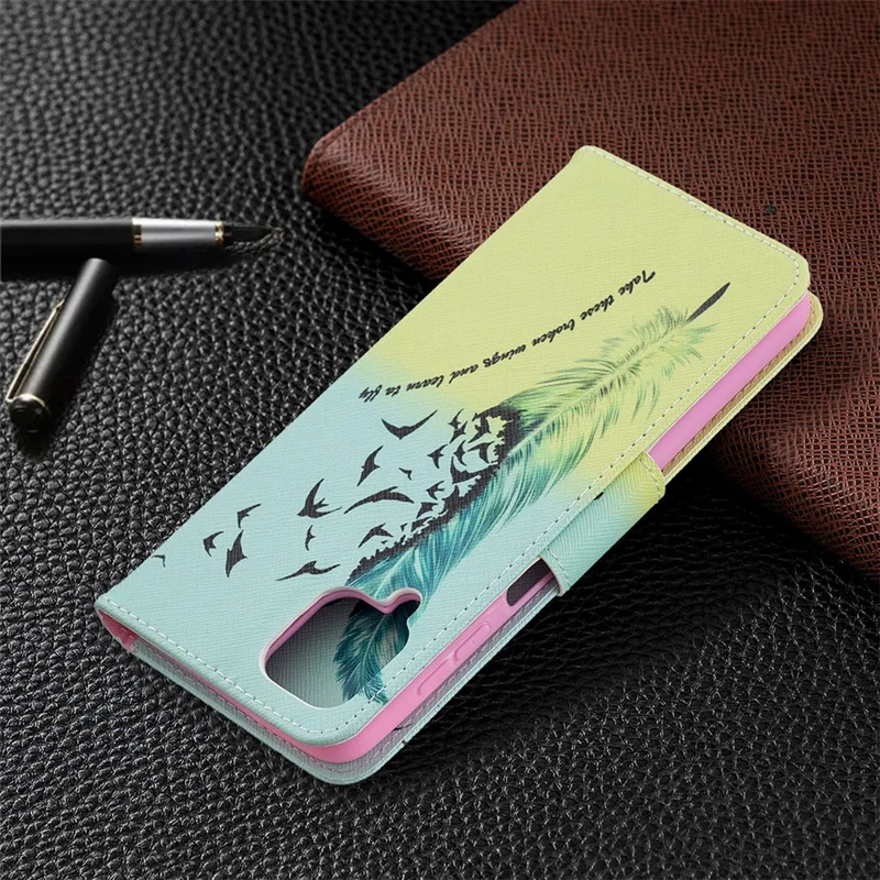 Pattern Printing Magnetic Leather Stand Case for Samsung Galaxy A12 - Feather and Bird