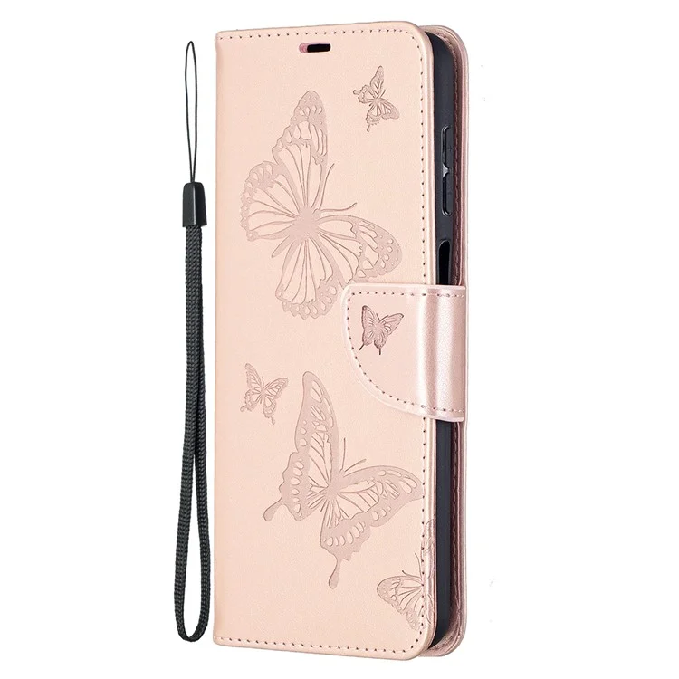 Imprint Butterflies Wallet Stand Flip Leather Phone Cover for Samsung Galaxy A12 - Rose Gold