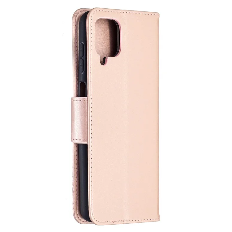 Imprint Butterflies Wallet Stand Flip Leather Phone Cover for Samsung Galaxy A12 - Rose Gold