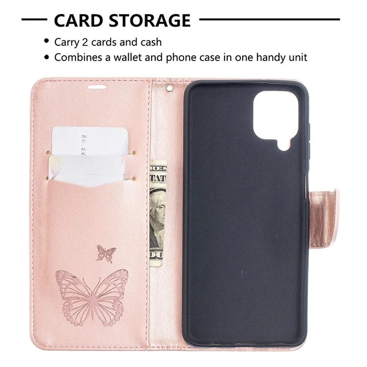 Imprint Butterflies Wallet Stand Flip Leather Phone Cover for Samsung Galaxy A12 - Rose Gold