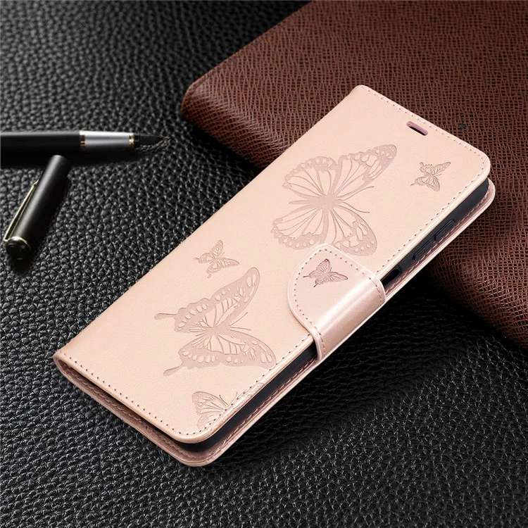 Imprint Butterflies Wallet Stand Flip Leather Phone Cover for Samsung Galaxy A12 - Rose Gold