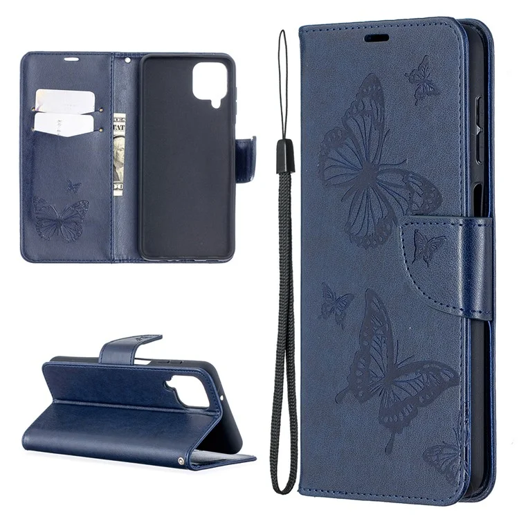 Imprint Butterflies Wallet Stand Flip Leather Phone Cover for Samsung Galaxy A12 - Blue