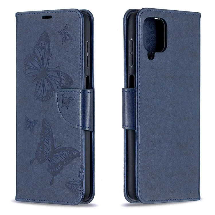 Imprint Butterflies Wallet Stand Flip Leather Phone Cover for Samsung Galaxy A12 - Blue