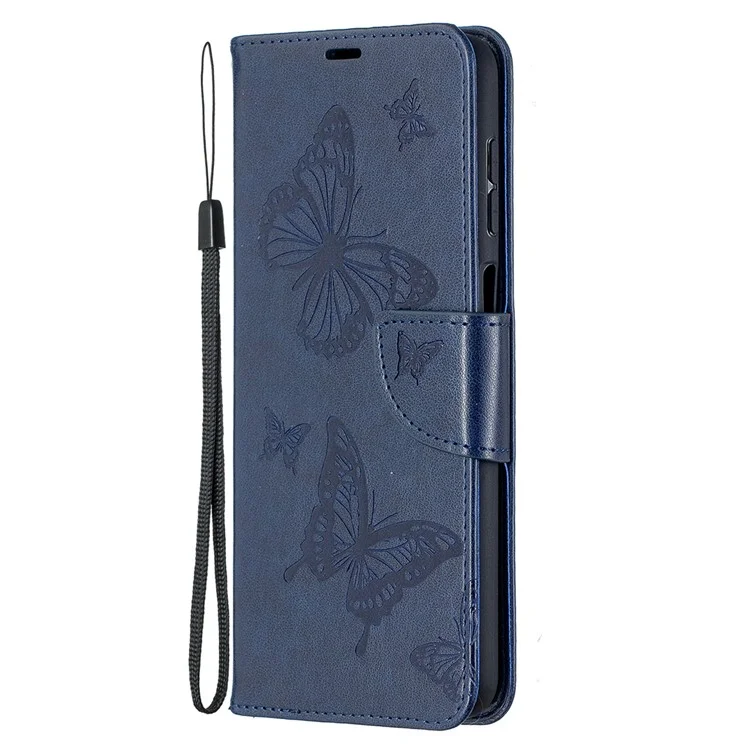 Imprint Butterflies Wallet Stand Flip Leather Phone Cover for Samsung Galaxy A12 - Blue