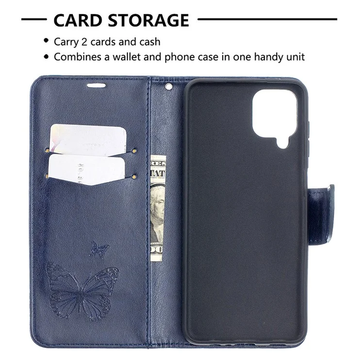 Imprint Butterflies Wallet Stand Flip Leather Phone Cover for Samsung Galaxy A12 - Blue