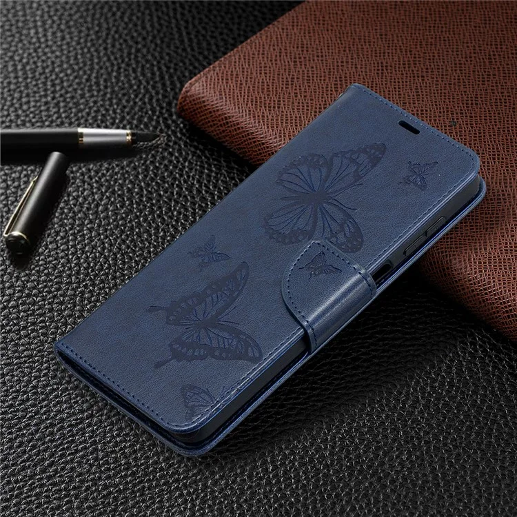 Imprint Butterflies Wallet Stand Flip Leather Phone Cover for Samsung Galaxy A12 - Blue