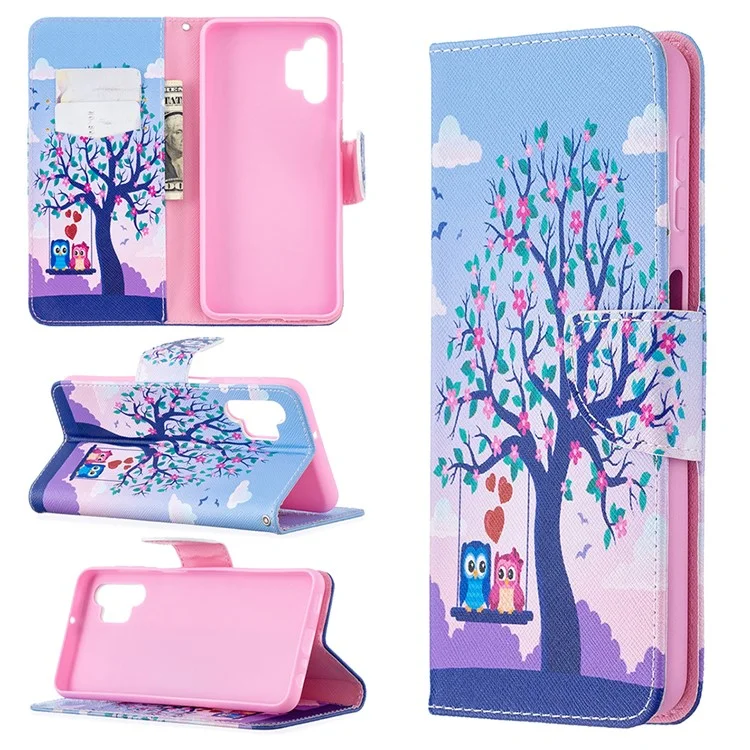 Muster-Druckwandhalter-Flip-Ledertelefonhülle für Samsung Galaxy A32 5G / M32 5G - Paar Eulen und Baum